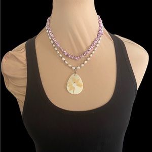 Purple puka shel with faux Pearl and shell pendant necklace.